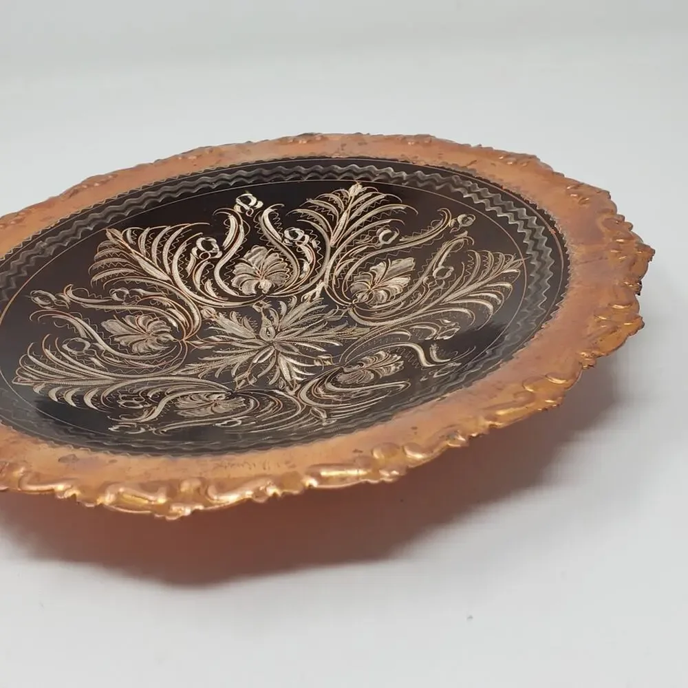 Vintage etched Copper footed decorative bowl in Great used condition 9